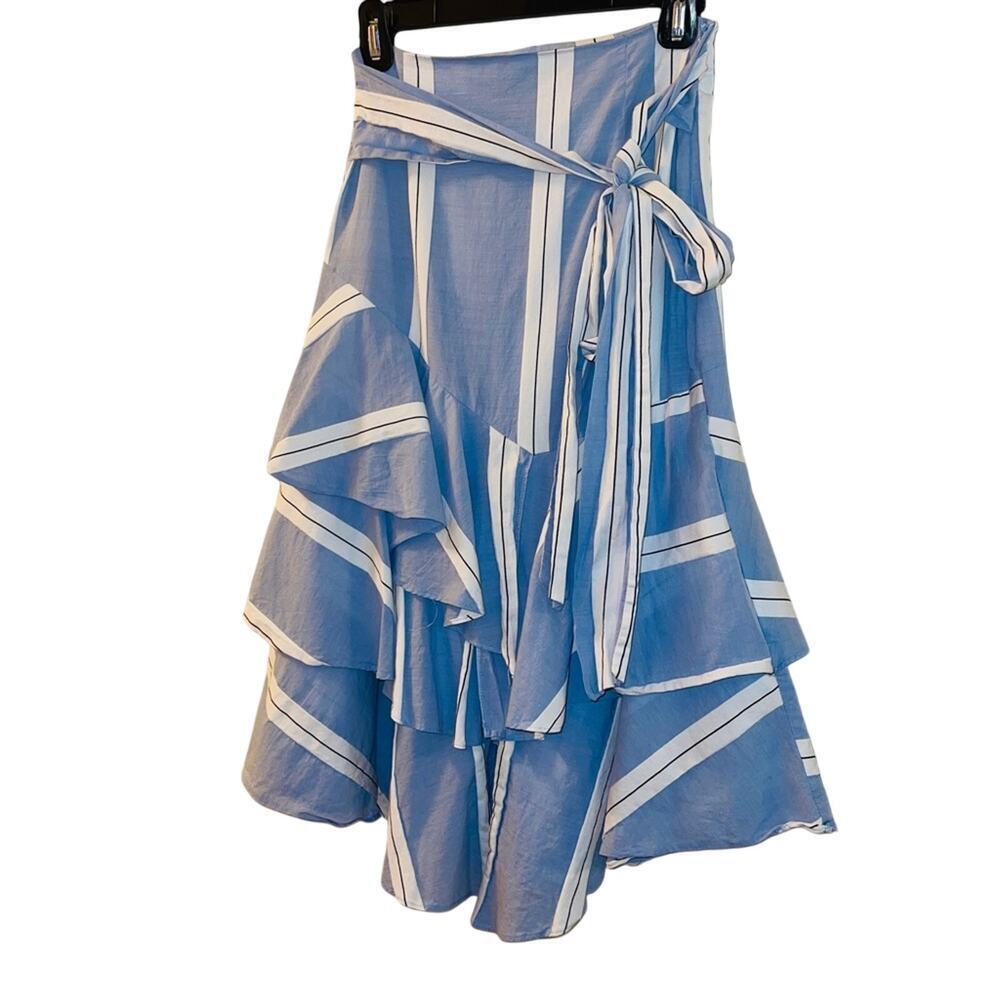 Zara Blue Striped Frill Ruffle Midi Skirt Size XS